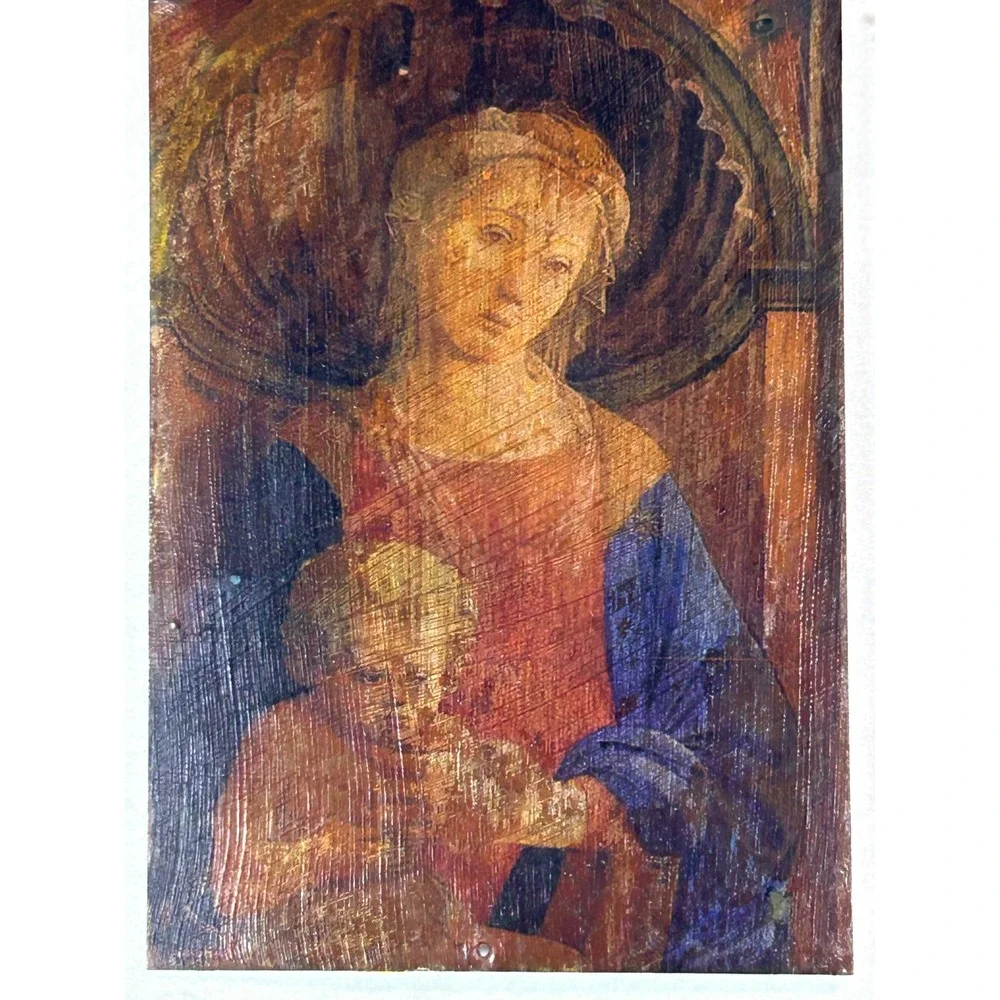 Twin Icons Madonna and Child Tin Art Hanging Plaque Brown Excellent Religious